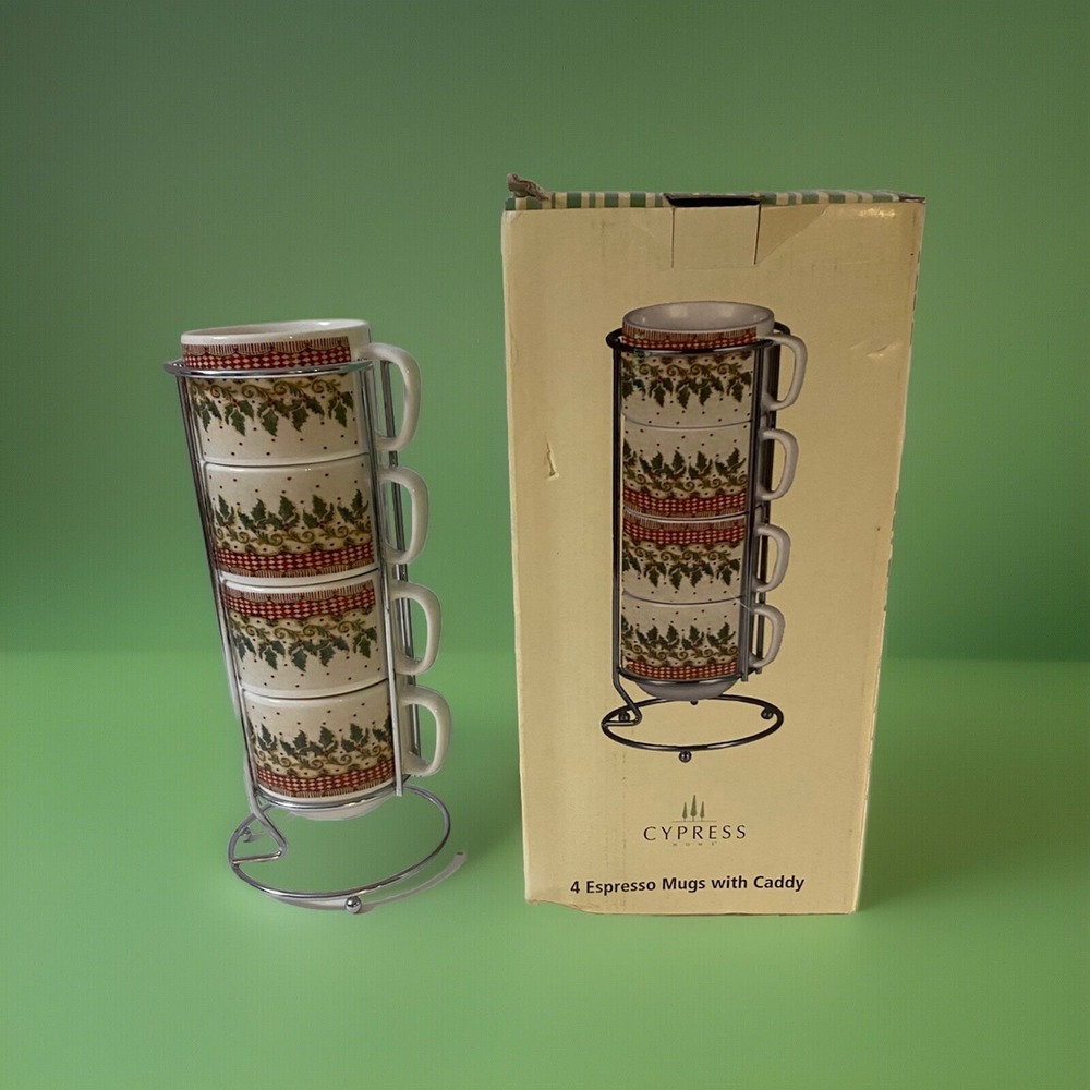 Cypress‎ Home Porcelain Espresso Mugs~Holly with Stainless Steel Caddy Christmas